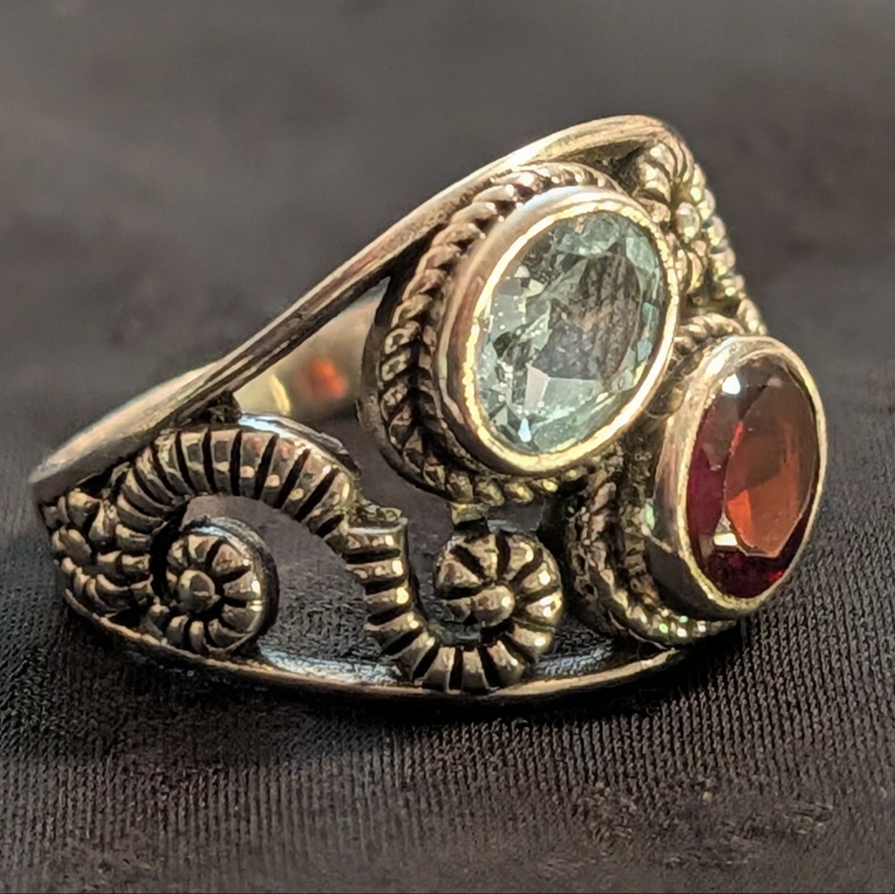 🆕 Genuine Blue Topaz Ring Garnet Ring Solid Sterling Silver Ring Size 9 - Picture 3 of 7
